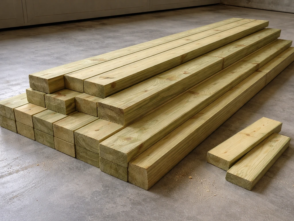 Pressure-treated Southern yellow pine framing boards stacked in a minimal staged construction setting.