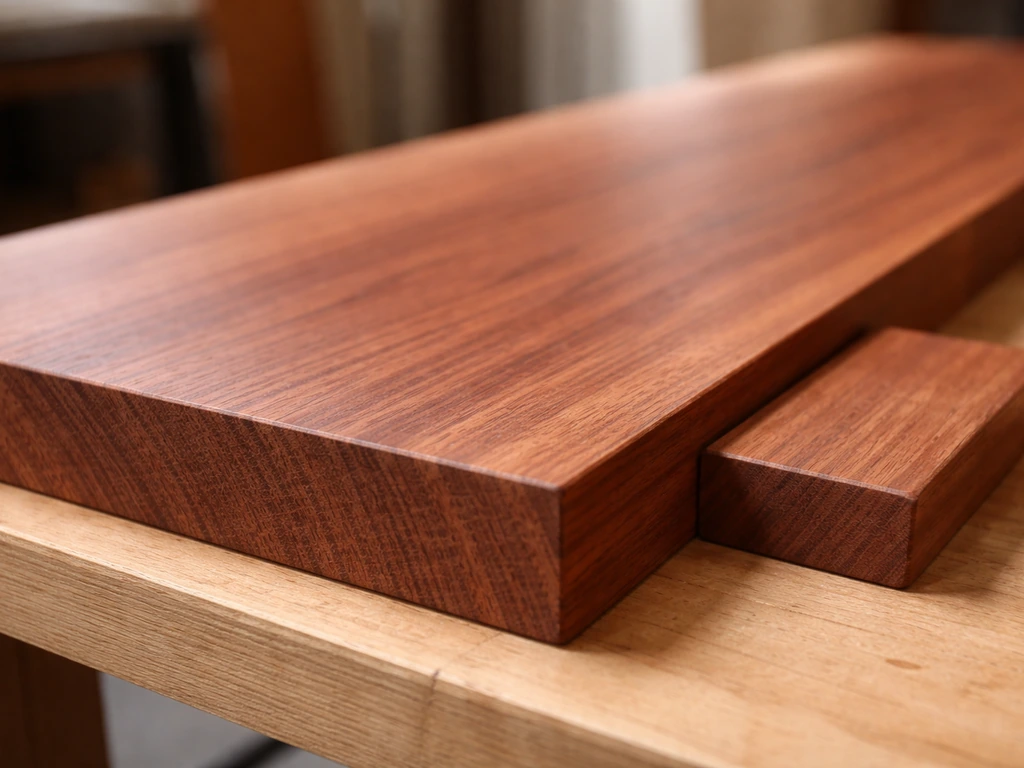 Close-up of a premium redwood board and small installed sample showing red-brown heartwood grain.