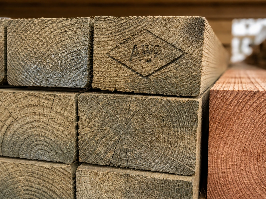 Close-up of wood boards in a lumber yard with visible AWPA stamp and grade markings on treated lumber