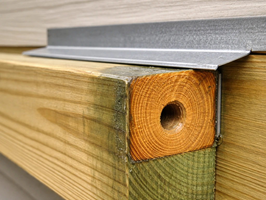 Close-up of sealed cut ends and drilled holes in pressure-treated lumber with metal flashing at a ledger junction.
