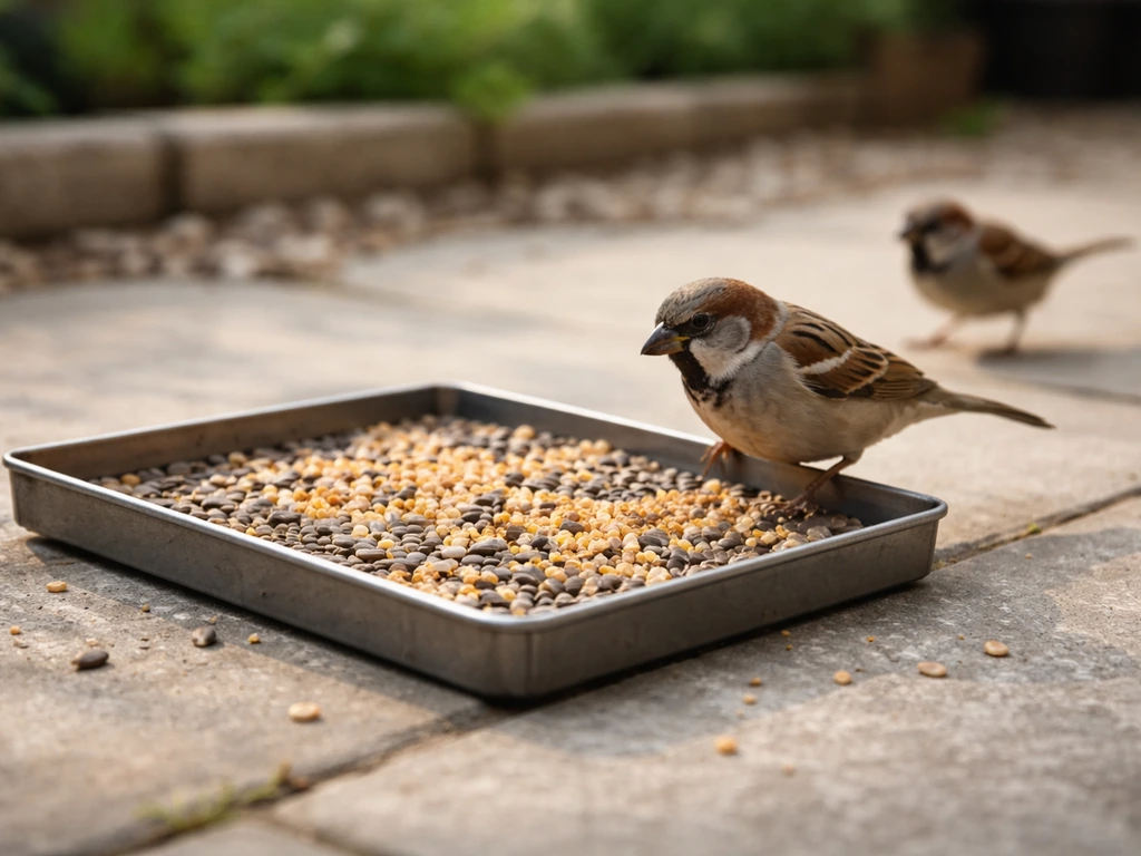 Near-ground patio platform feeder with scattered seed and a sparrow perched to feed