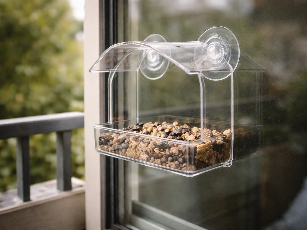 Close-up of a suction-cup window feeder on a small balcony window with a compact railing nearby.