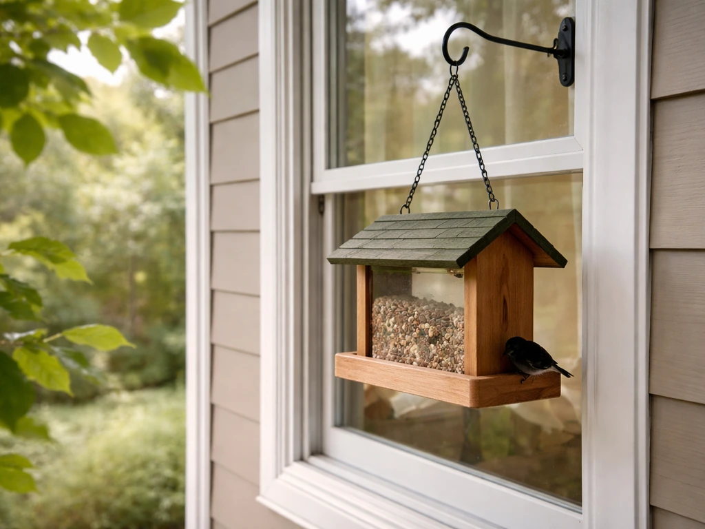 Bird feeder on a porch within 3 feet of a window, showing safe near-window placement.