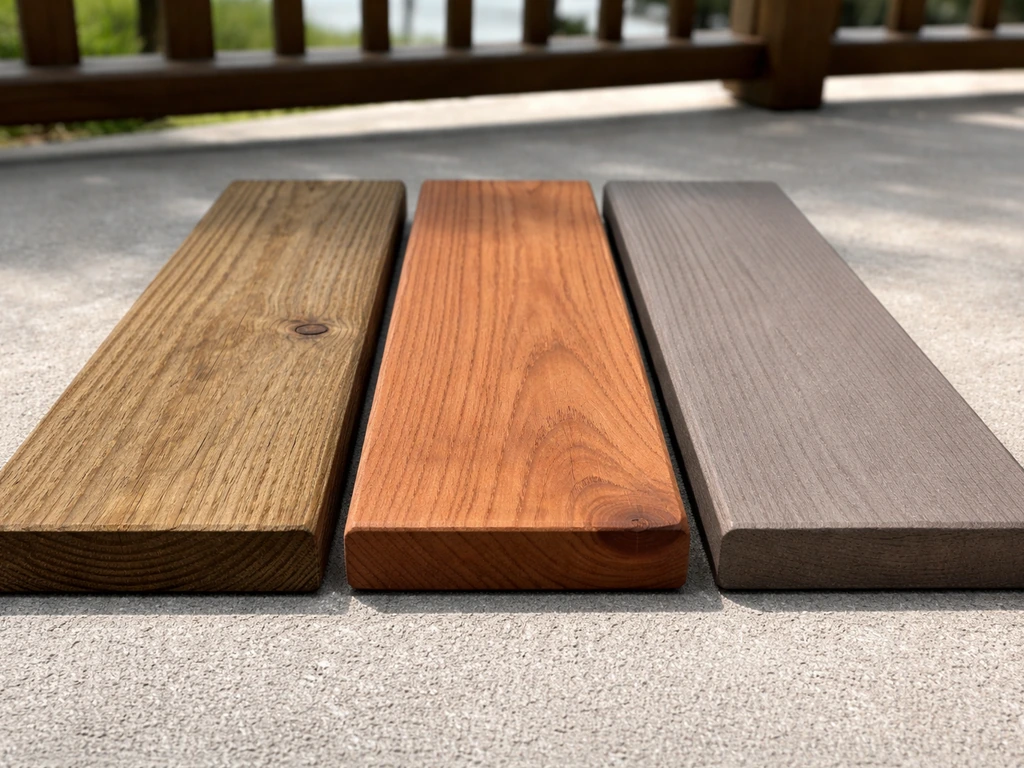 Side-by-side deck lumber samples: pressure-treated pine, cedar, and composite on a patio.