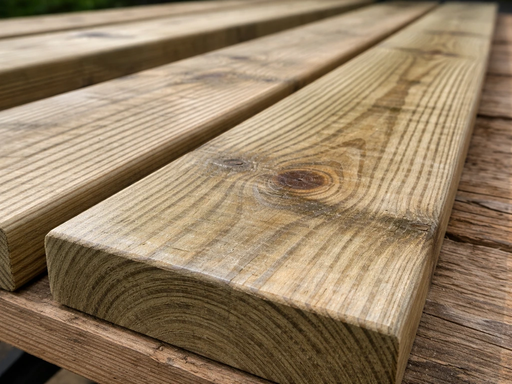 Close-up of above-ground pressure-treated pine deck boards with visible grain and ready-to-finish surface.