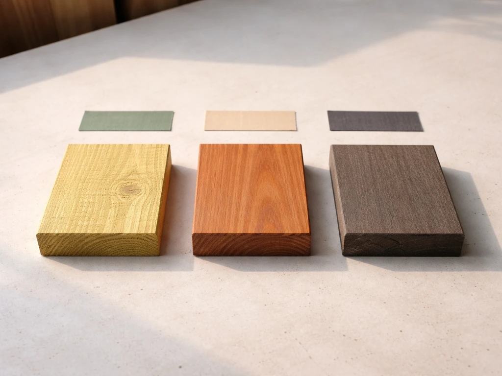 Minimal photo-style split view of three anonymous wood samples with a simple lifespan/cost visual cue