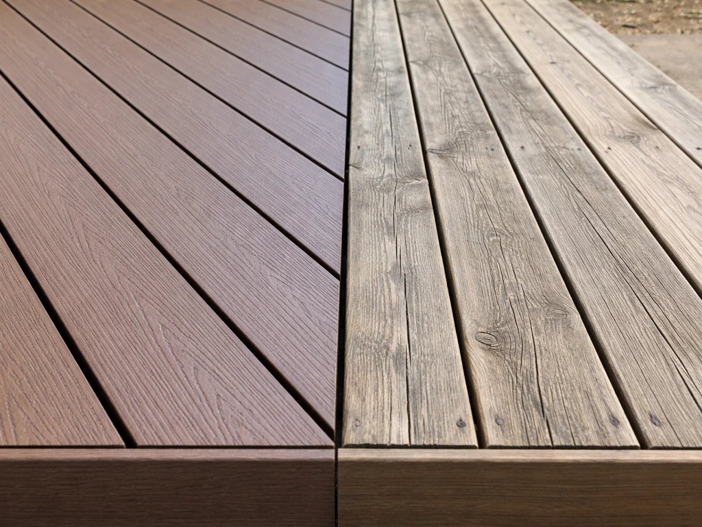 Composite decking boards installed beside natural wood boards, showing texture and weathering contrast