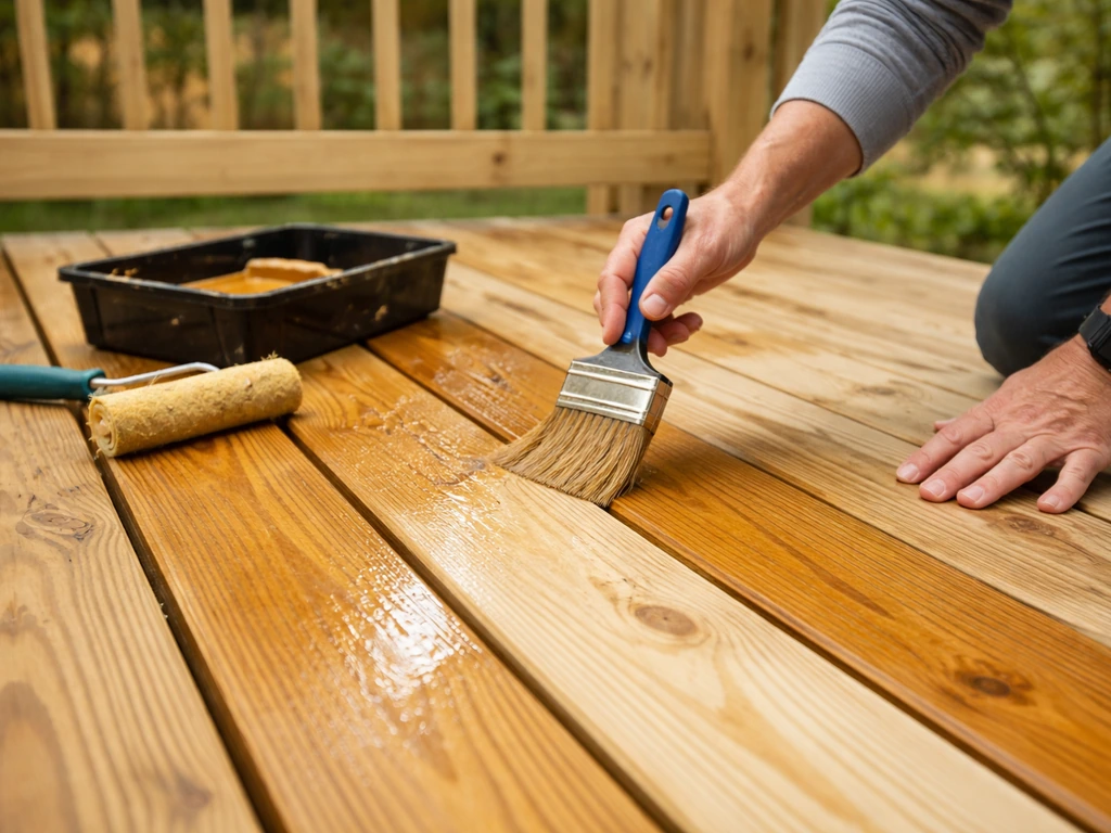 Hands brush on penetrating stain to fresh deck boards with a small tray nearby.