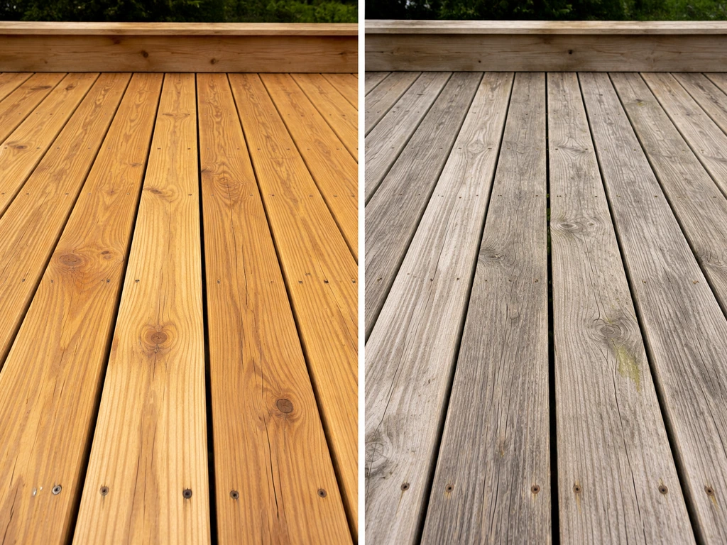 Side-by-side deck boards: one well-sealed and clean, the other gray-faded with mild mildew growth.