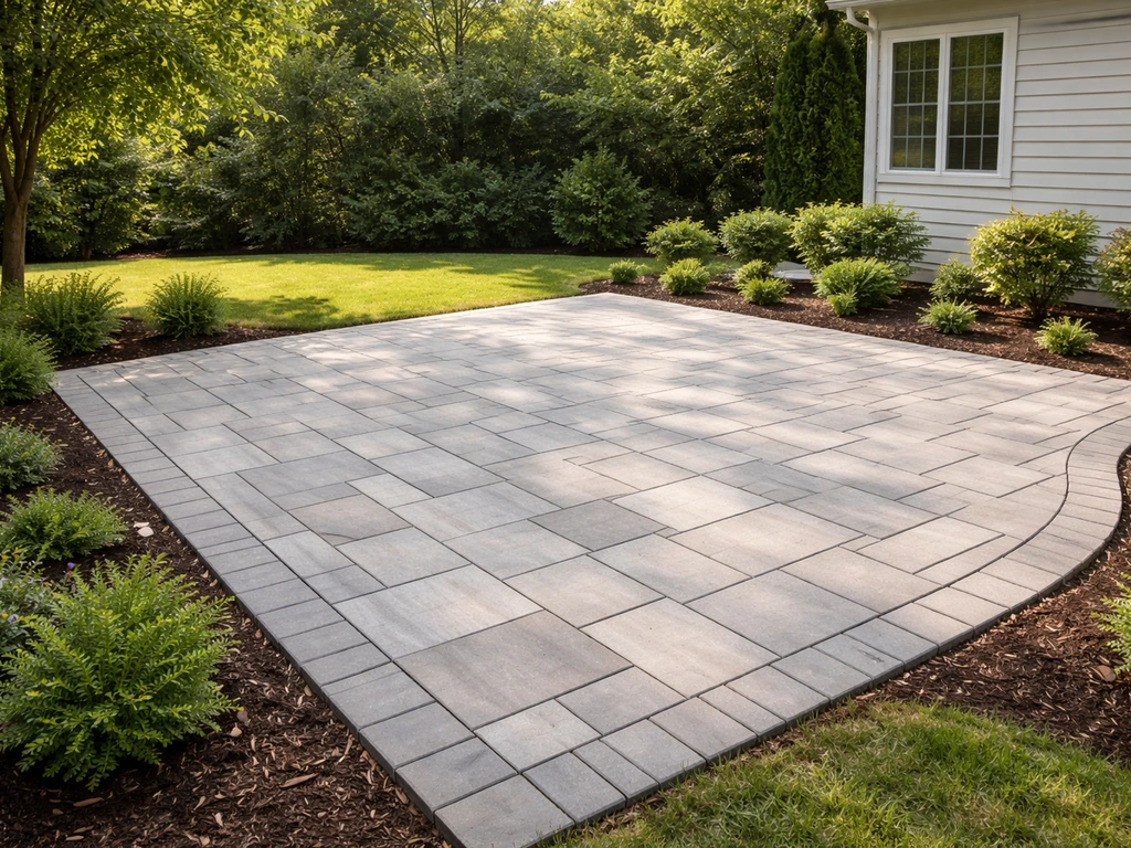 Finished residential patio with clean paver edges and neatly landscaped yard, shown in bright natural light.