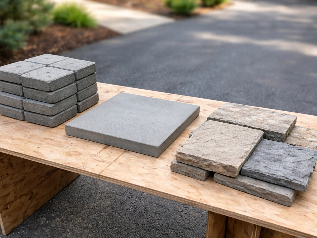 Minimal photo of an outdoor patio contractor’s work materials: pavers, concrete sample board, and stone slabs side by si