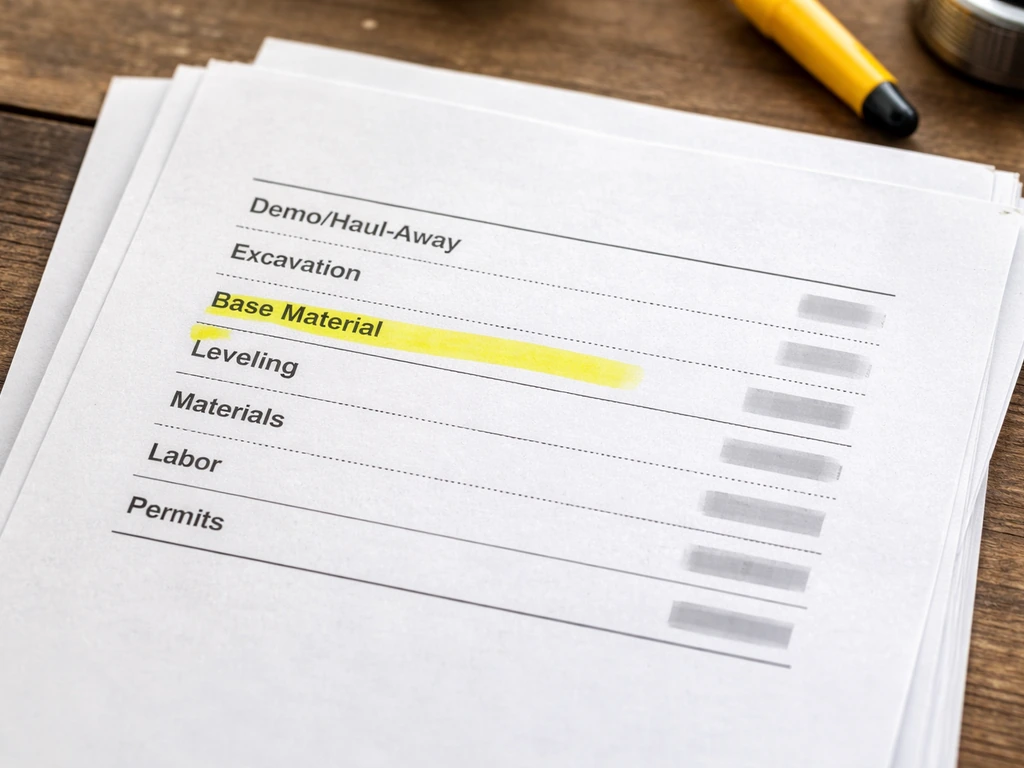 Close-up of patio bid line items on paper with a yellow highlighter marking items to confirm.