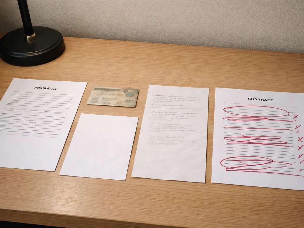 Close-up of contractor paperwork with vague estimate, missing insurance, expired card, and red-pen contract marks