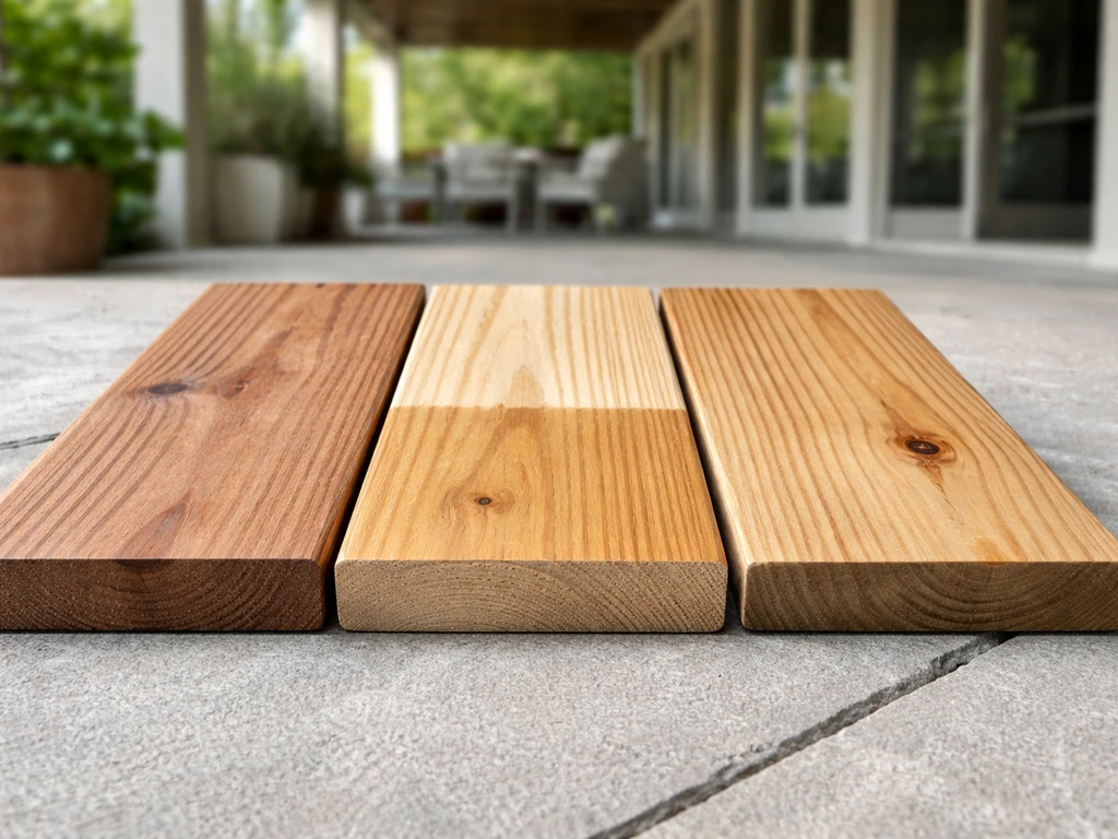 Side-by-side outdoor wood ceiling boards showing cedar, cypress, and pine grain and protective finishes.