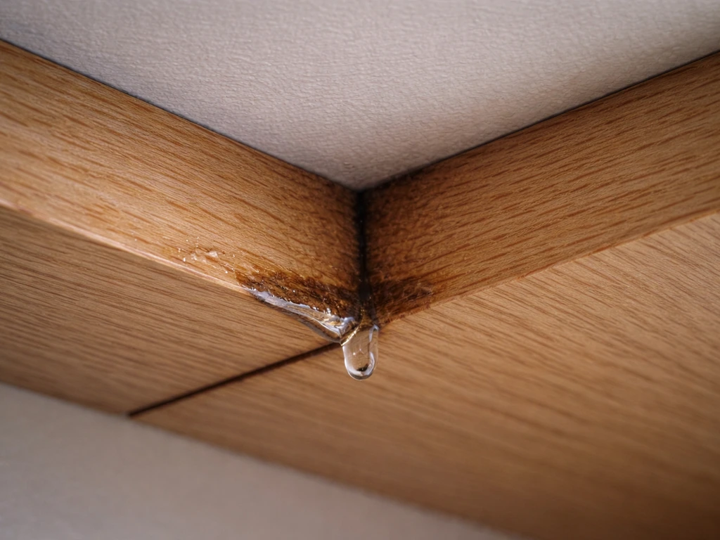 Close-up of a ceiling corner joint with moisture pooling and a damp streak along wood grain.