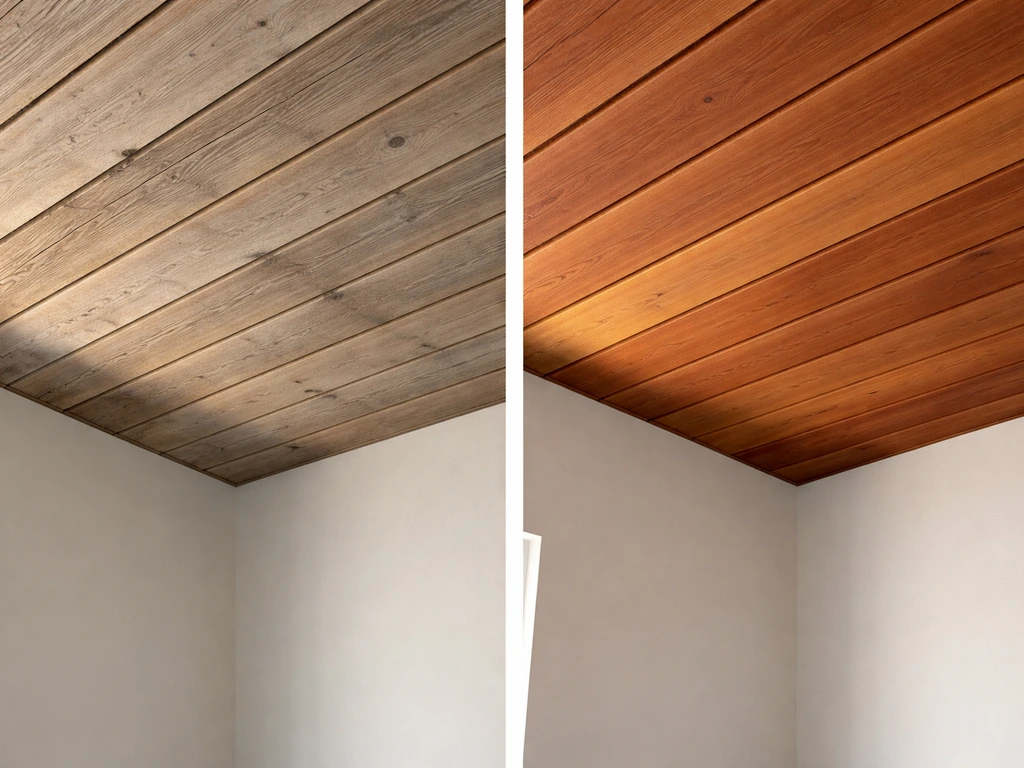 Split view of two simple wooden ceilings: UV-exposed unfinished wood greying on one side, finished western red cedar agi