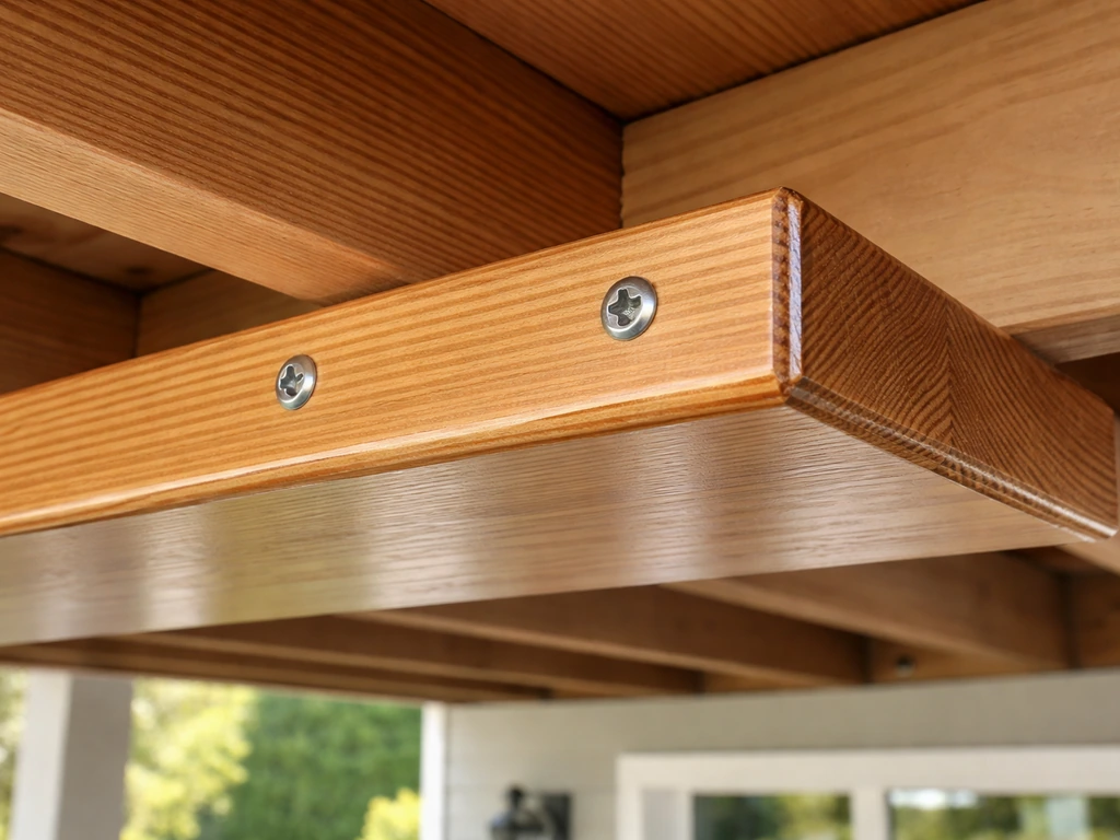 Close-up of sealed wood patio ceiling board being fastened to framing with corrosion-resistant screws.