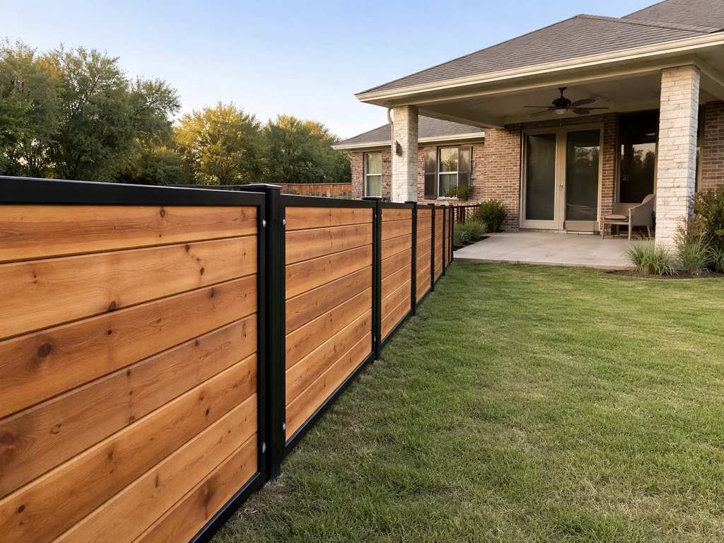 Newly installed wood-and-aluminum fence segment leading to a covered patio in a tidy DFW backyard