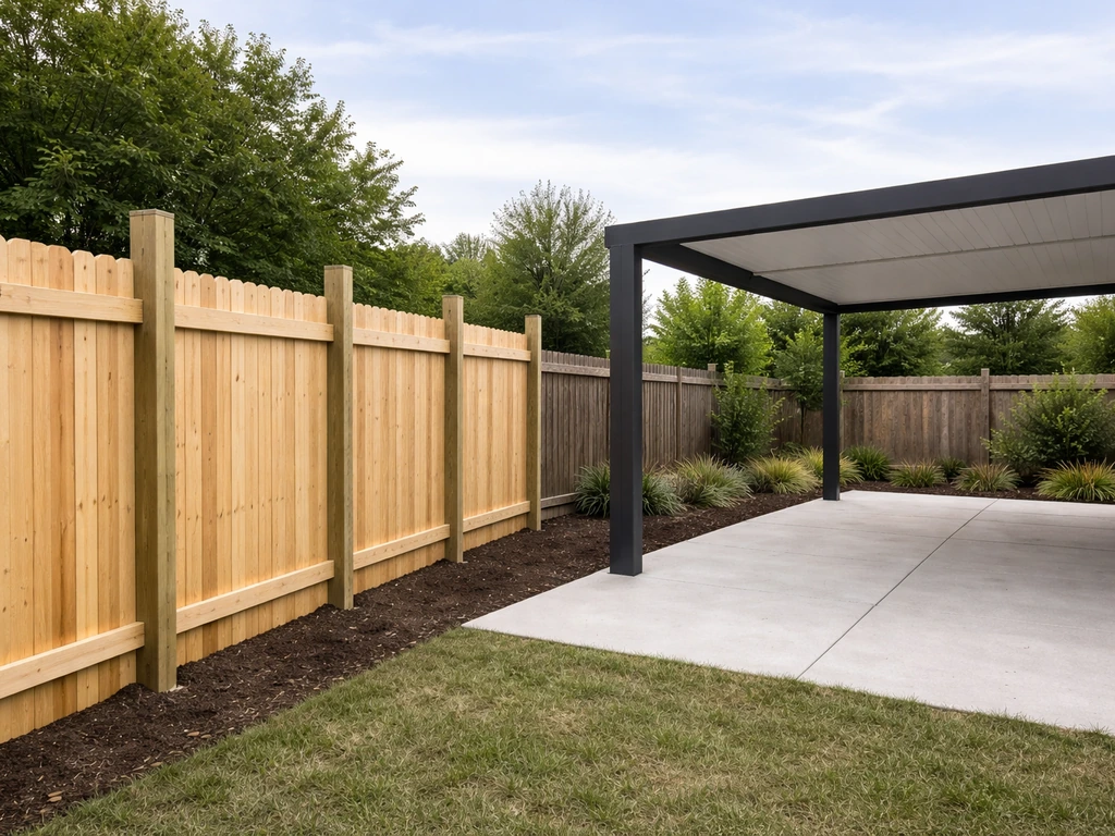 Contractor-grade wood fence section beside an aluminum patio cover in a quiet residential backyard