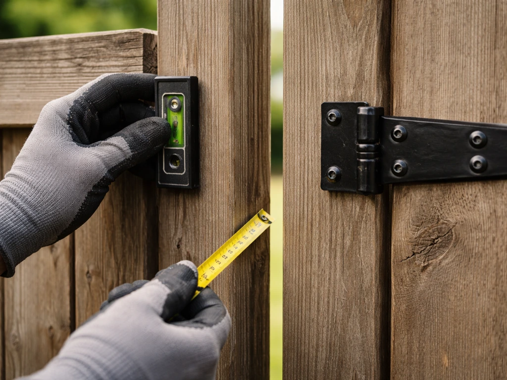 Close-up of wooden fence posts alignment with a level and gate hardware inspection.