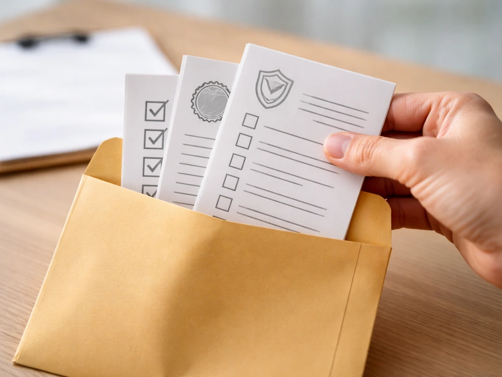 Hand placing a checkmarked permit and insurance document folder beside a sealed envelope on a desk