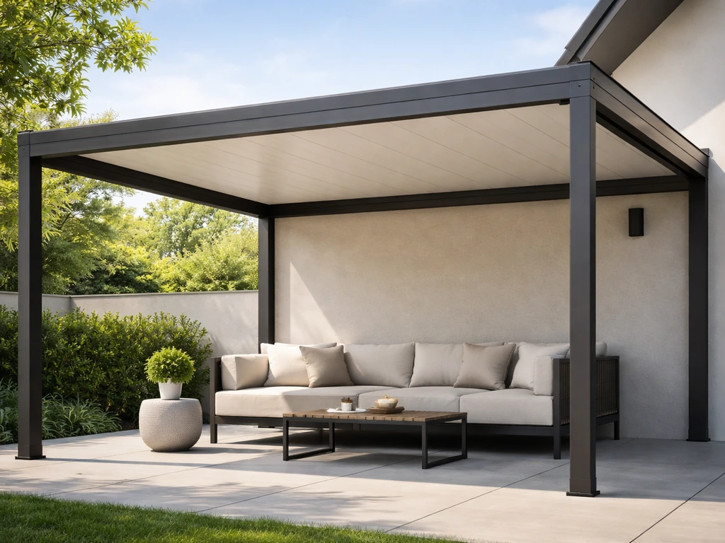 Weatherproof patio cover with durable beams over a quiet residential outdoor seating area