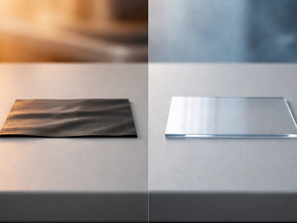 Two small building material samples—one vinyl and one polycarbonate—resting by warm and cold air, showing different shap