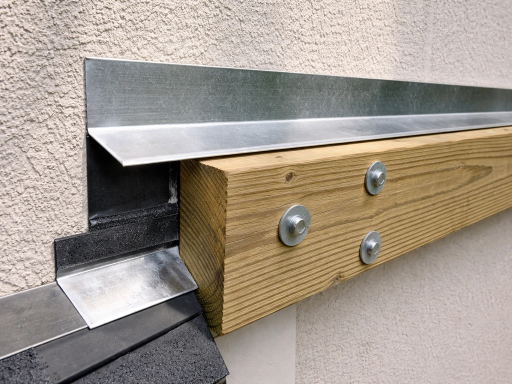 Close-up of a house ledger board with properly layered flashing to prevent leaks at the wall seam.