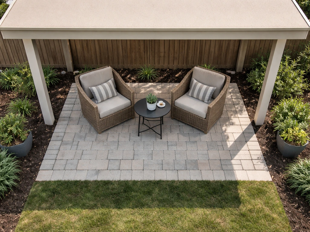 Overhead view of a patio with seating area marked and a roof overhang extending beyond the edge.