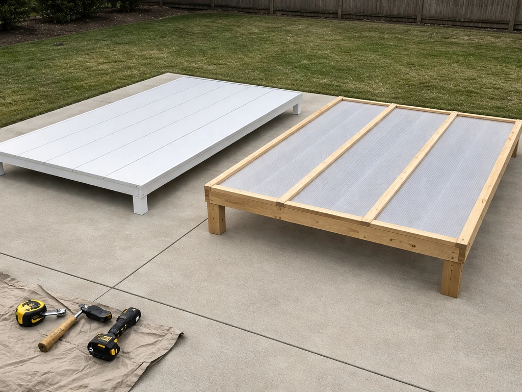 Side-by-side view of aluminum and wood patio cover materials with tools on a concrete patio.
