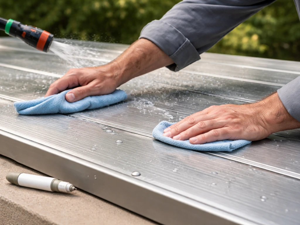 Person rinses an aluminum patio cover and checks panel seams and fasteners with a cloth.