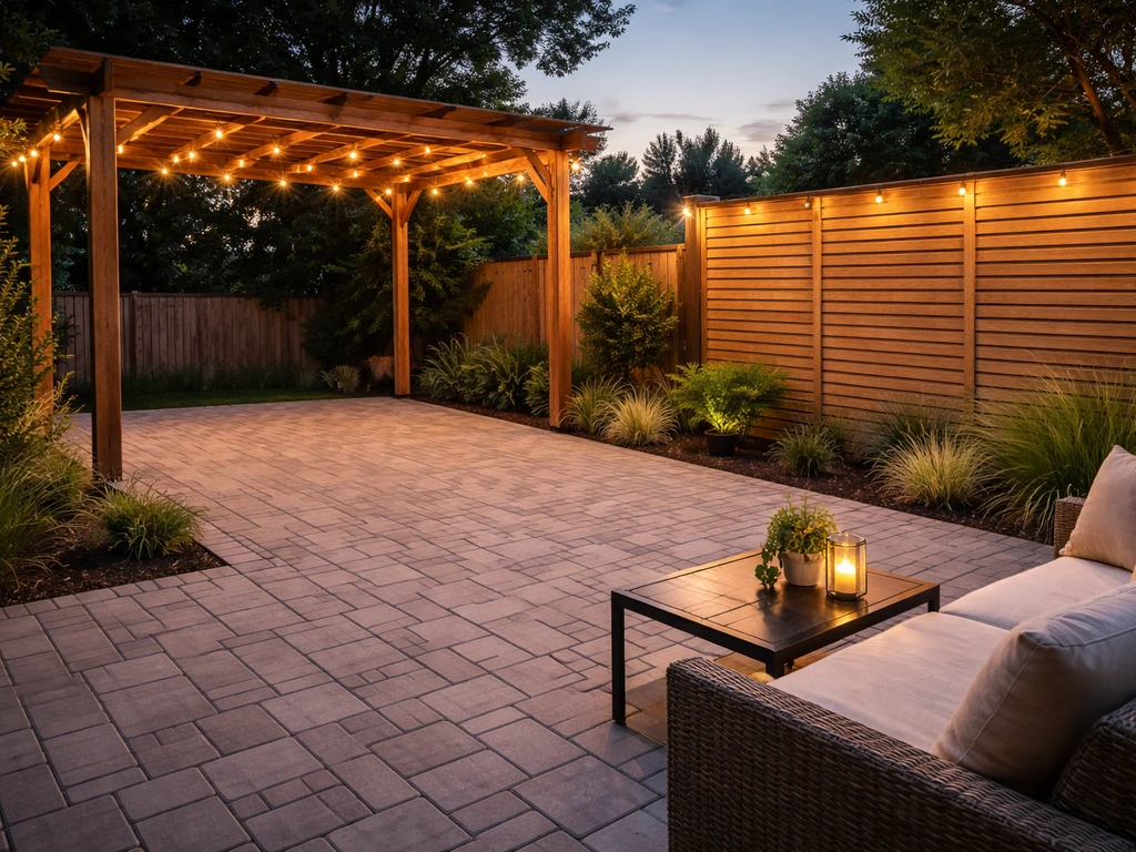 Finished DIY outdoor patio with paver flooring, shade structure, privacy screen, and warm string lights