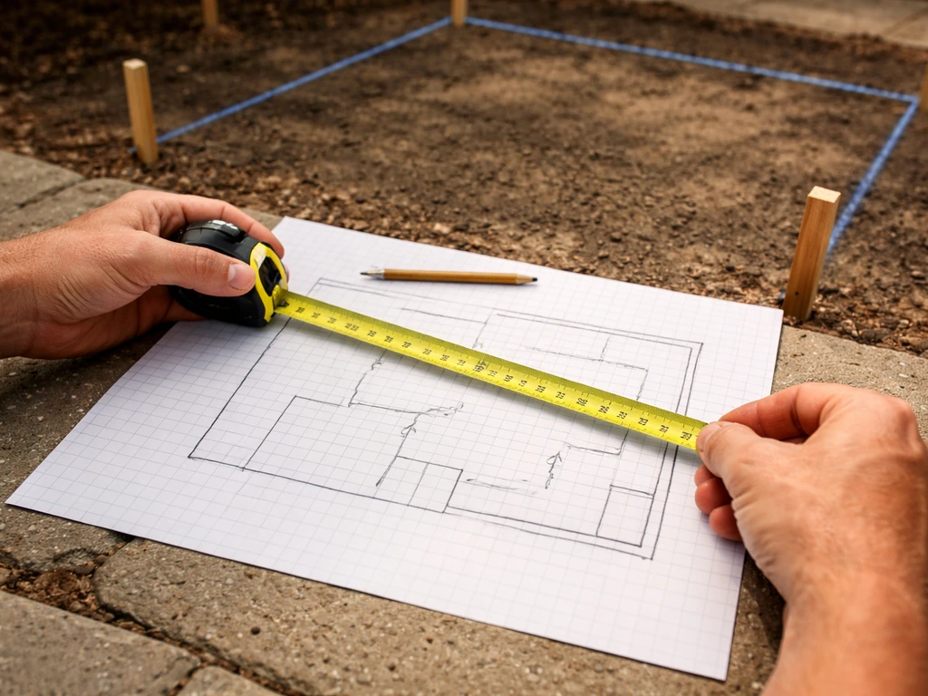 Tape measure stretched over a patio outline on paper, with a simple rough layout for dimensions and traffic flow
