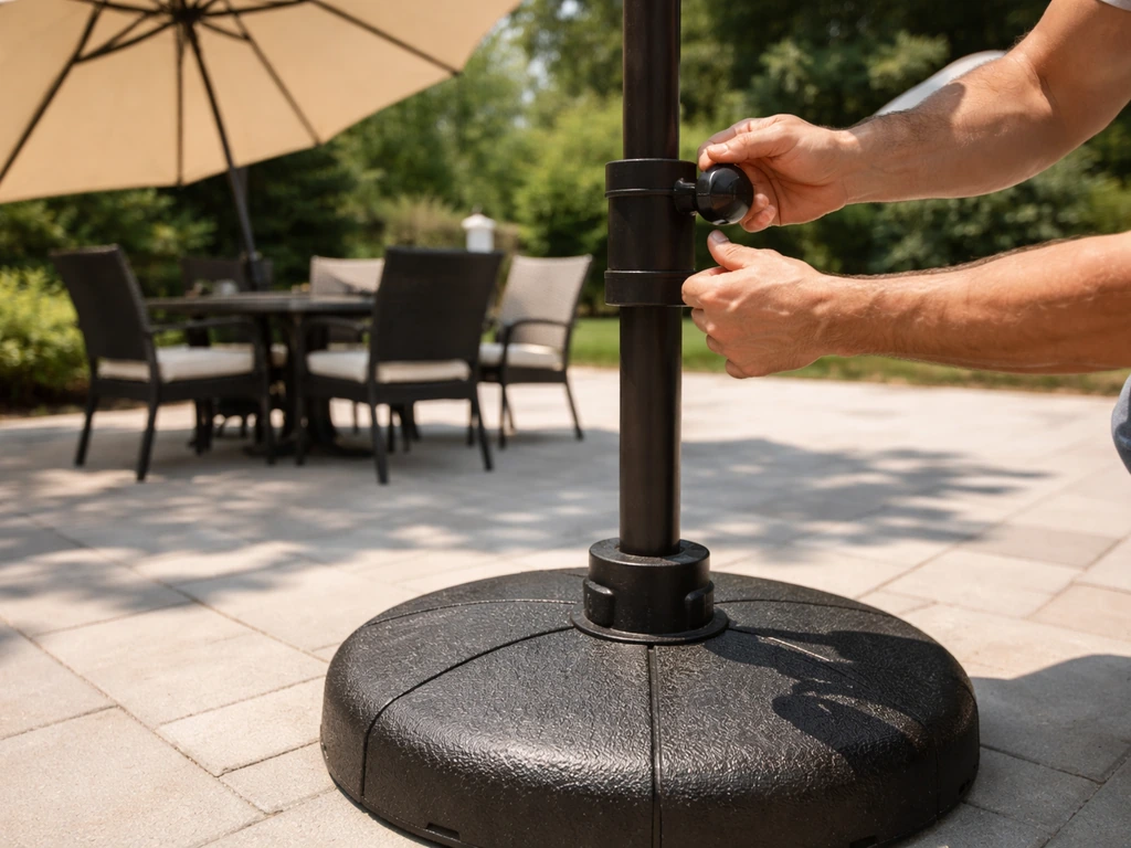 Person installing a market umbrella with a weighted base on a patio for DIY shade.