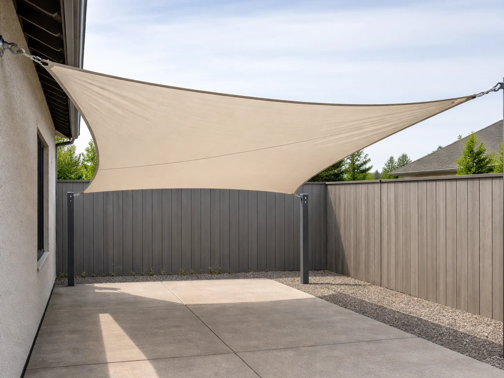 Taut shade sail anchored to a house and posts with visible tension hardware on a quiet patio.