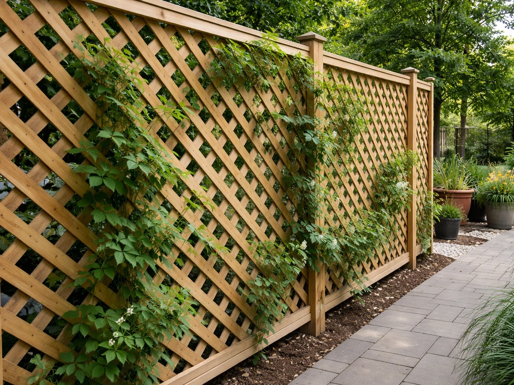 DIY wooden lattice privacy screen with climbing vines, spaced for airflow in a small backyard setting.