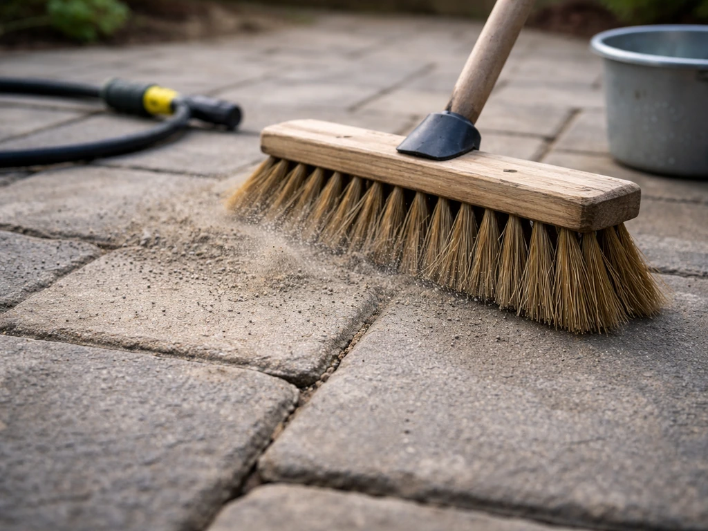 Close-up of patio pavers being cleaned with a stiff broom, showing uneven sections and maintenance tools.