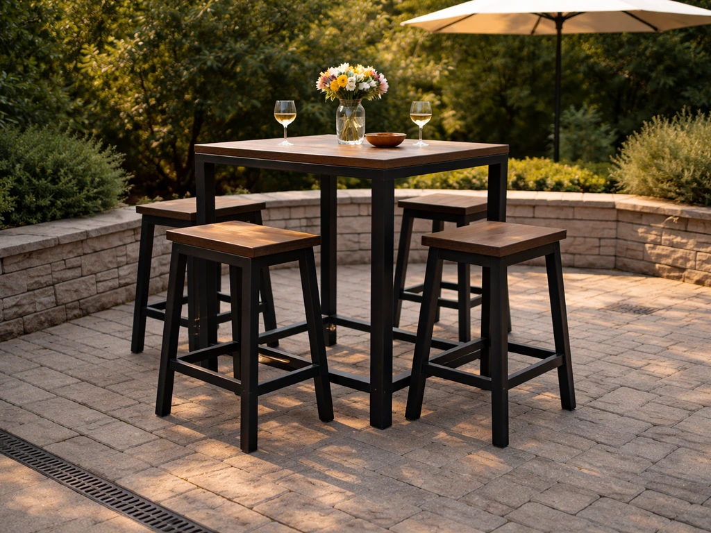 Evening view of an outdoor high-top patio dining set with bar-height table, stools, and clean surfaces.