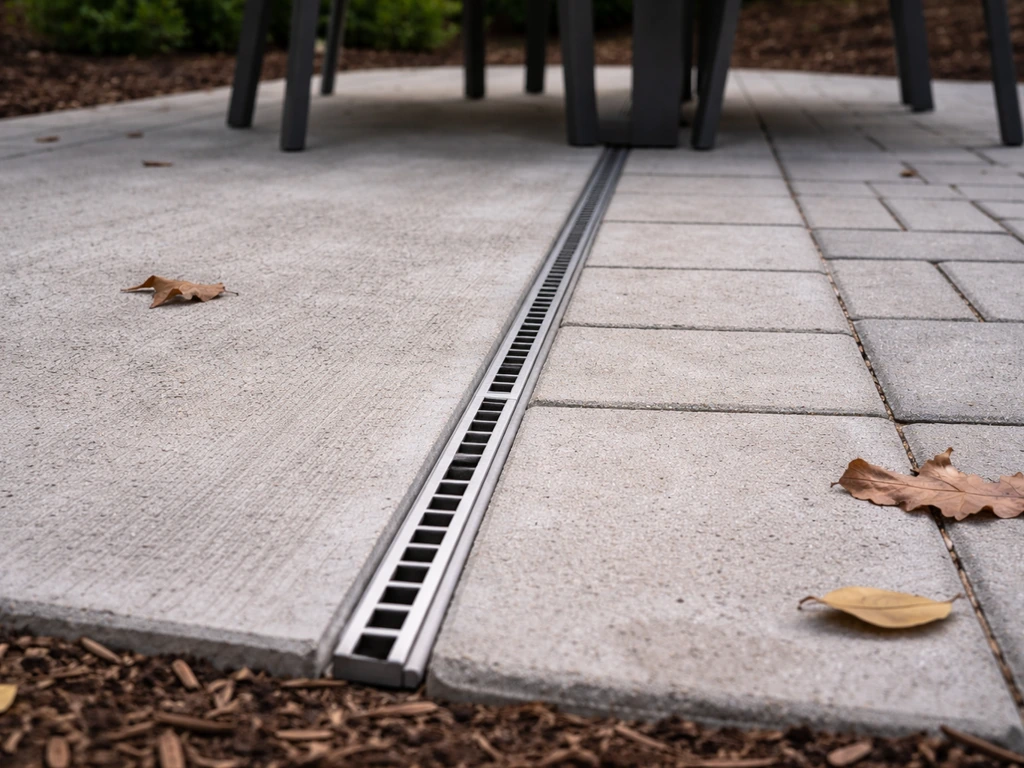 Brushed concrete patio with visible slope to a drainage channel beside simple outdoor pavers