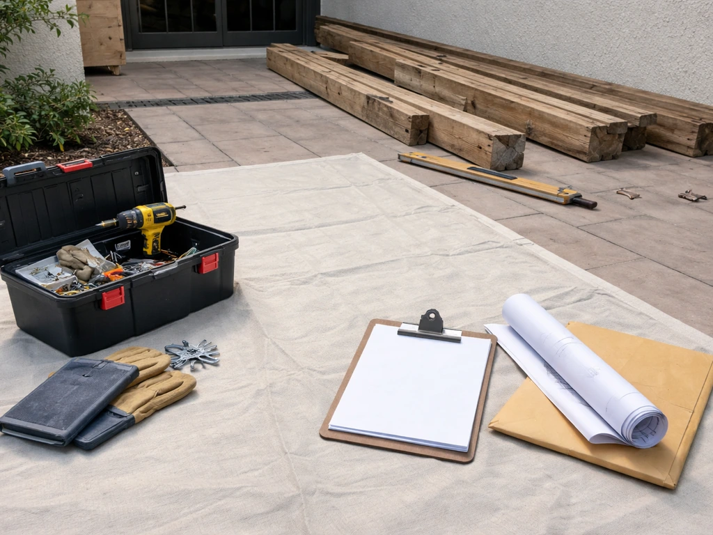 Patio work area showing DIY tools beside blank contractor paperwork and a pergola kit.