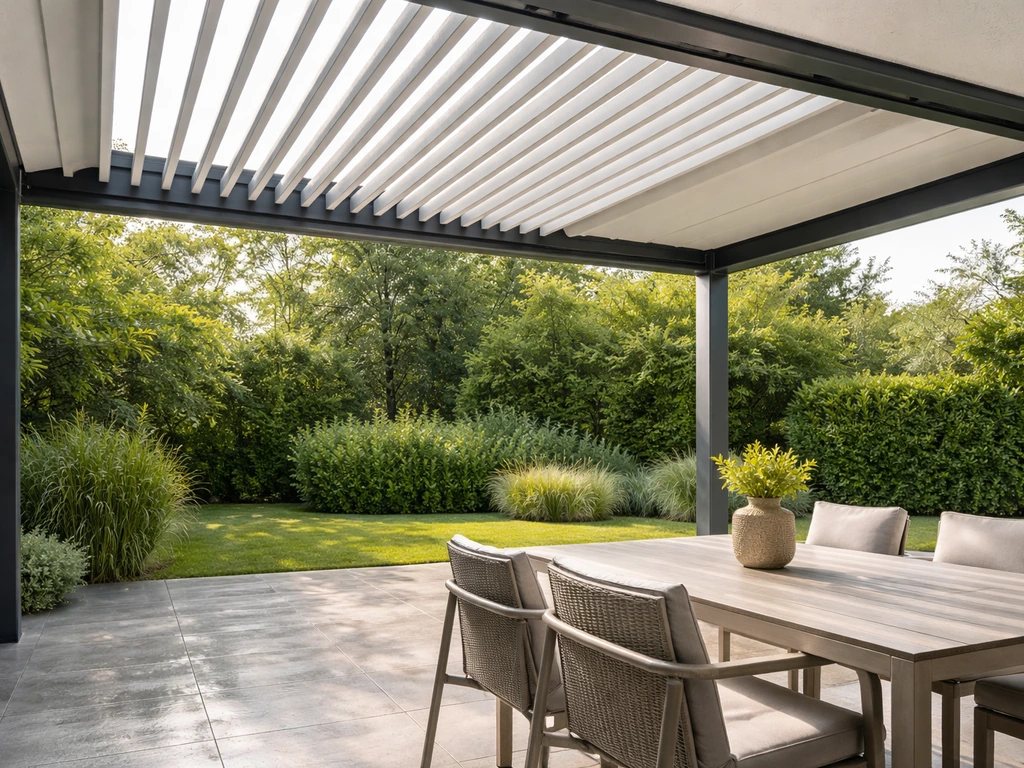 Bright upscale patio showing a stylish roof with shade and rain protection over outdoor seating.