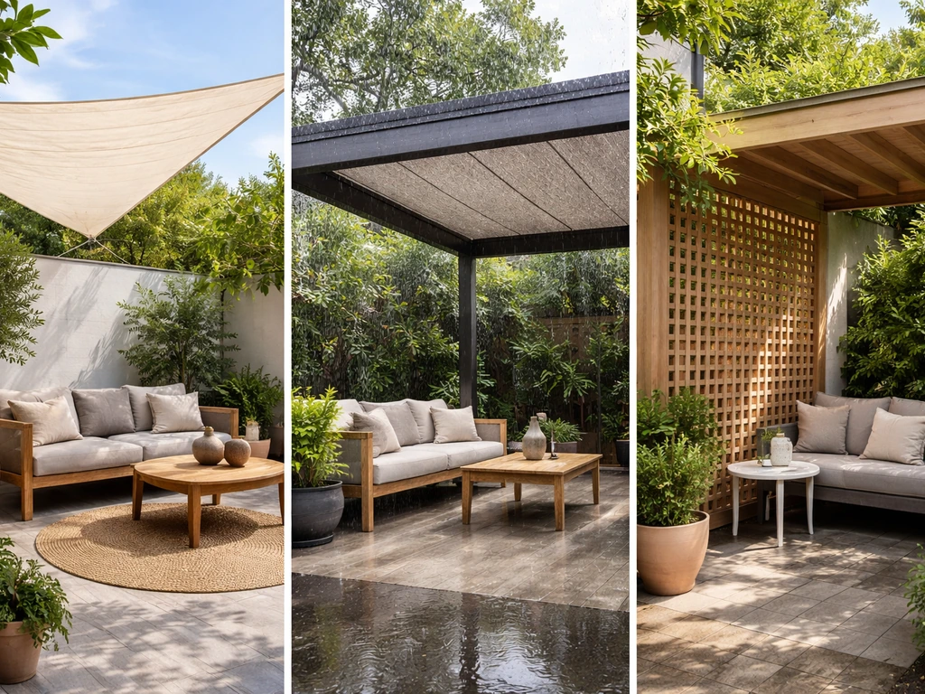 Three adjacent patio areas: fabric shade in sun, sealed panels for rain, and lattice for privacy