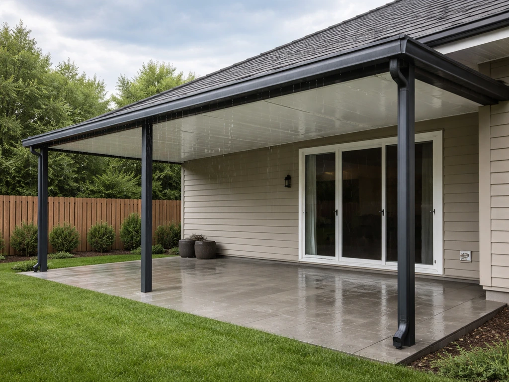 Residential patio with solid aluminum roof panels fully covering the space and channeling rain runoff.
