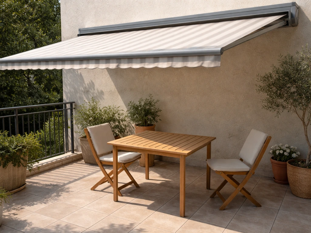 Patio with a motorized retractable canopy partially deployed, showing flexible sun coverage