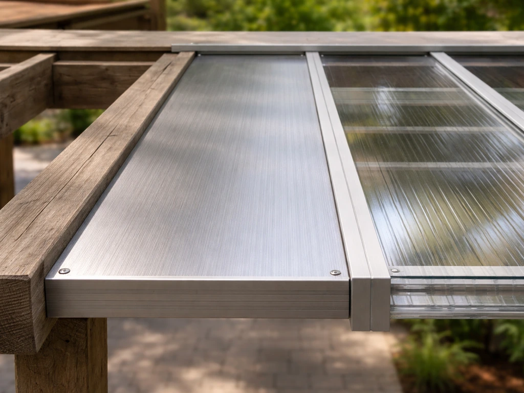 Close-up of wood beams, aluminum roof panels, and polycarbonate inserts showing texture and thickness.