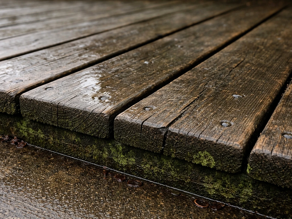 Wood decking boards in a wet humid setting showing mildew/green grime near a damp edge