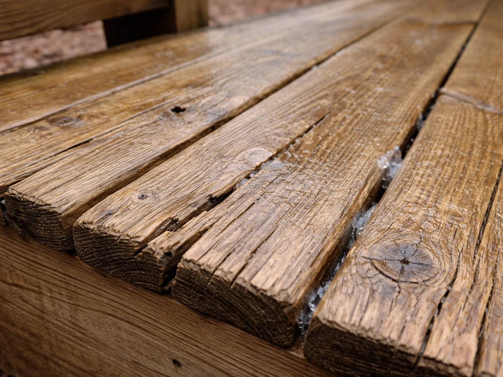 Close-up of freeze-thaw cracked deck wood with raised grain and splitting along the boards.