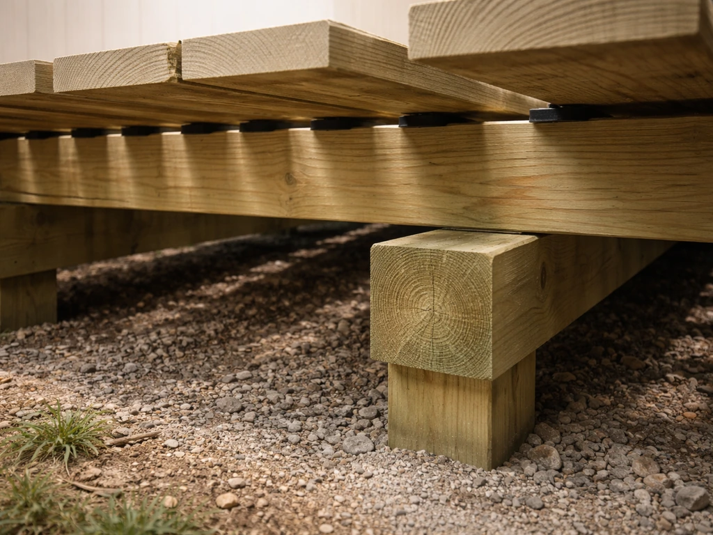 Close-up of deck substructure showing treated joists, gaps, and a clear drainage path beneath boards.