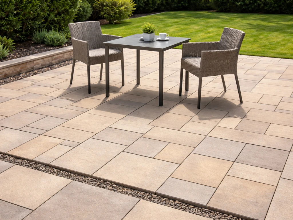 Premium stone paver patio with crisp edges and subtle drainage slope, styled with a small outdoor dining set.