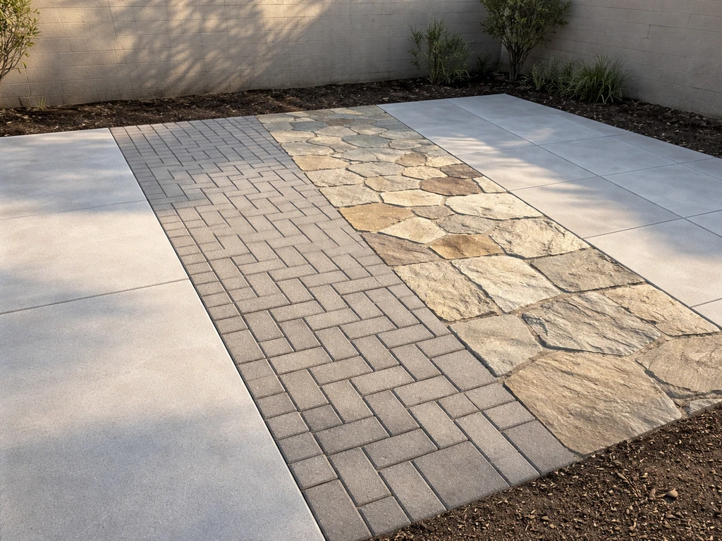 Close-up of a high-end patio with distinct material surfaces: poured concrete, pavers, natural stone, and porcelain.